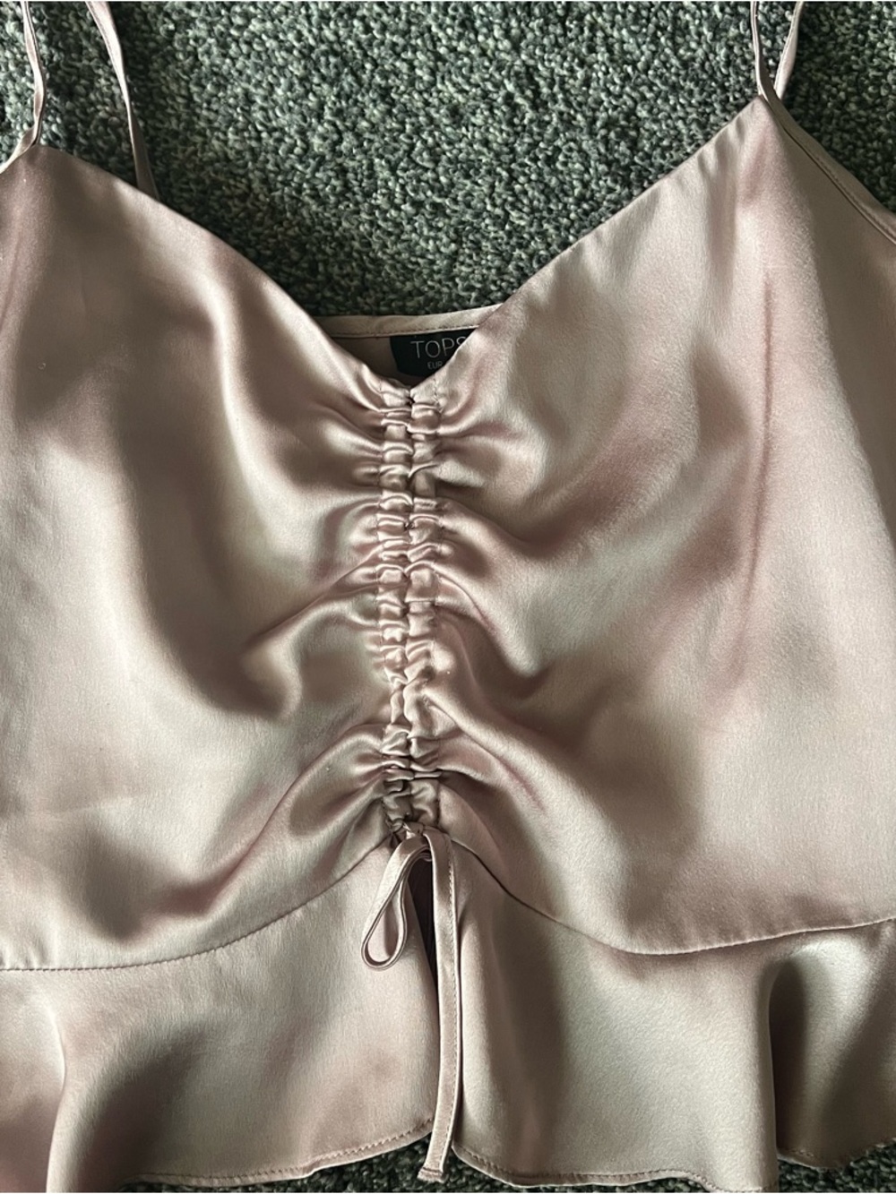 TOPSHOP Pink Satin Ruched Cami with Flounce Hem - Picture 2 of 5